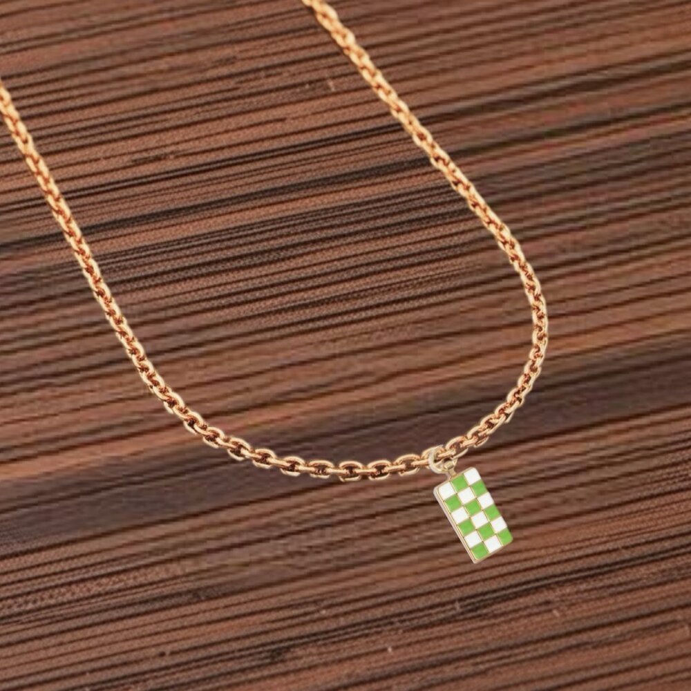 Green Checkerboard Bar Gold Charm Necklace